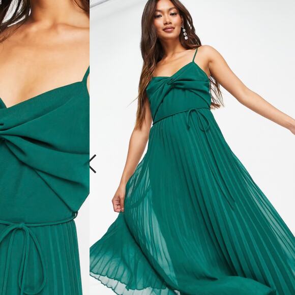 ASOS Forest Green Twist Front Pleated Cami Midi Dress - Picture 2 of 11
